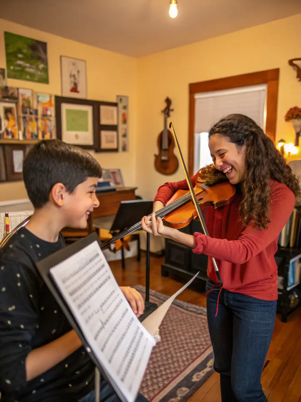 A violin instructor is demonstrating proper bowing techniques to a student in a private lesson. The student is attentively watching and mirroring the instructor's movements. The scene is set in a cozy studio, emphasizing the focus on technique and musicality in violin lessons at Mozart School of Music.