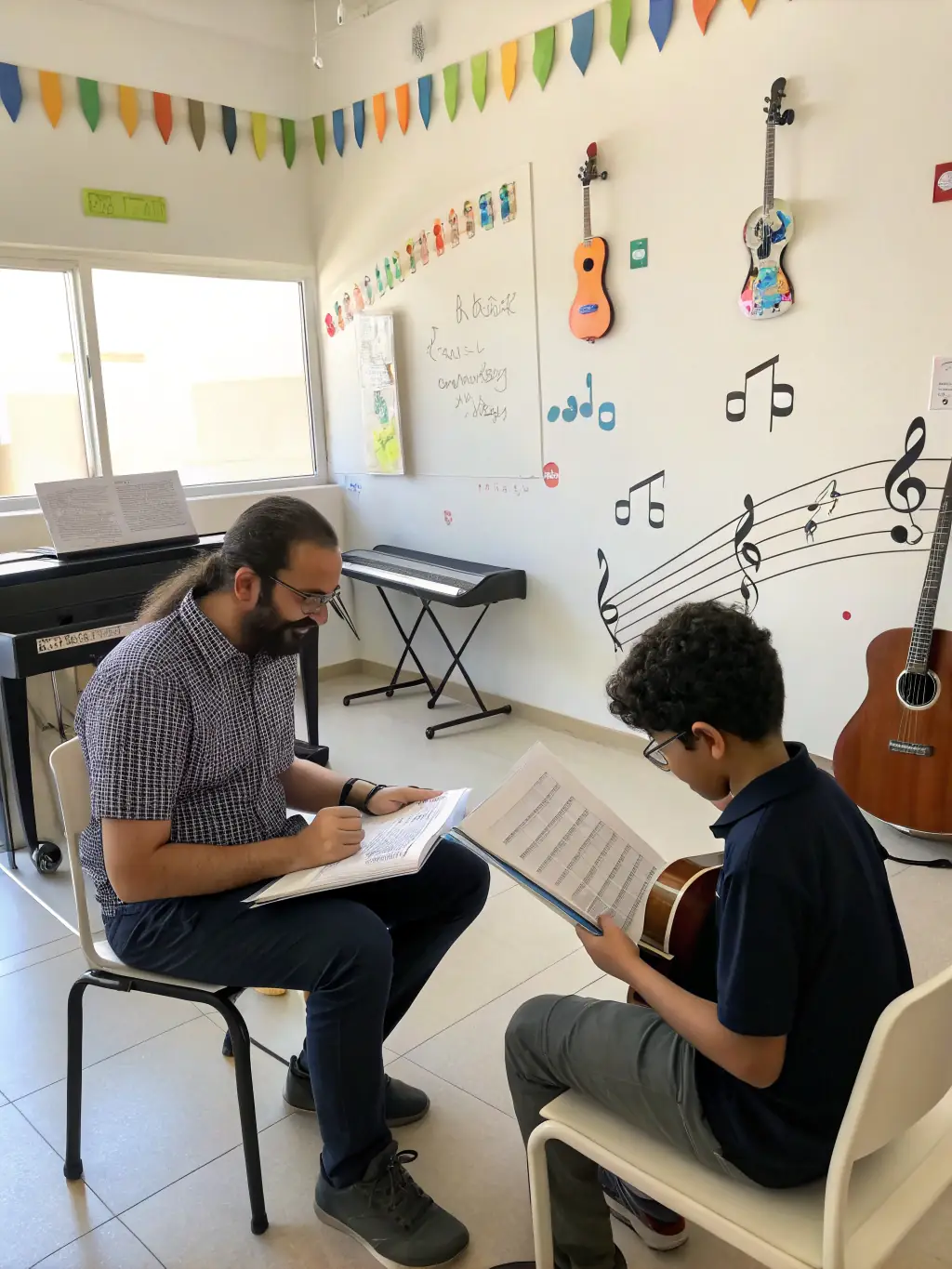 A bright and engaging classroom setting where students are learning music theory concepts from a whiteboard. The teacher is pointing to a musical staff, explaining key signatures and rhythms. The atmosphere is interactive and fun, highlighting the comprehensive music theory lessons at Mozart School of Music.