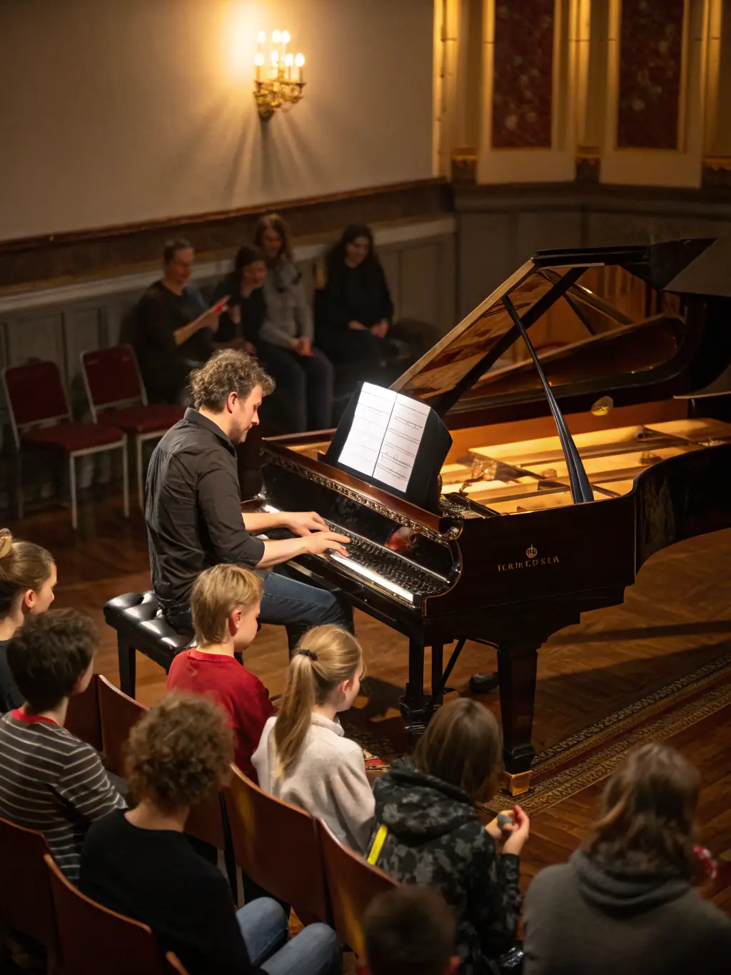 A young student is playing a grand piano with a focused expression, while a teacher stands beside them, offering gentle guidance. The setting is a well-lit music room with sheet music visible in the background, conveying a sense of personalized instruction and dedication to piano education at Mozart School of Music.