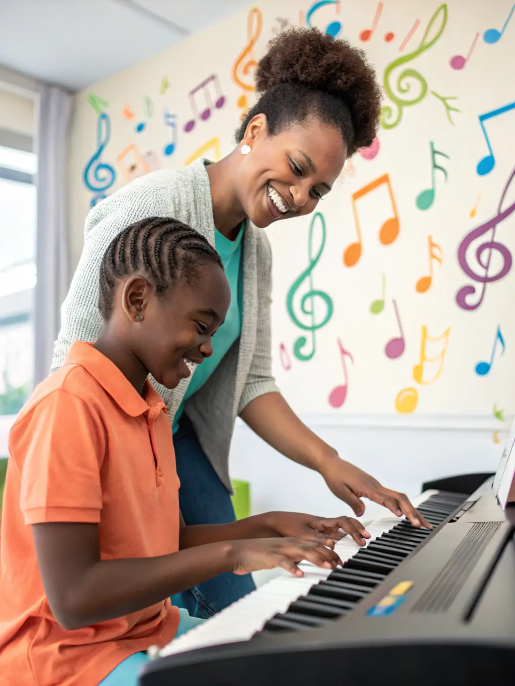 A young student smiling while playing the piano during an in-person lesson at Mozart School of Music, with the instructor guiding them.