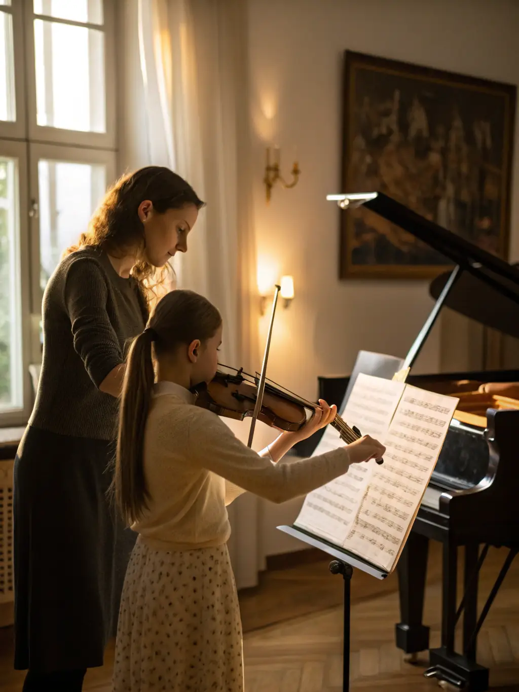 A student playing the violin with focused attention during a lesson at Mozart School of Music, showcasing proper posture and technique.