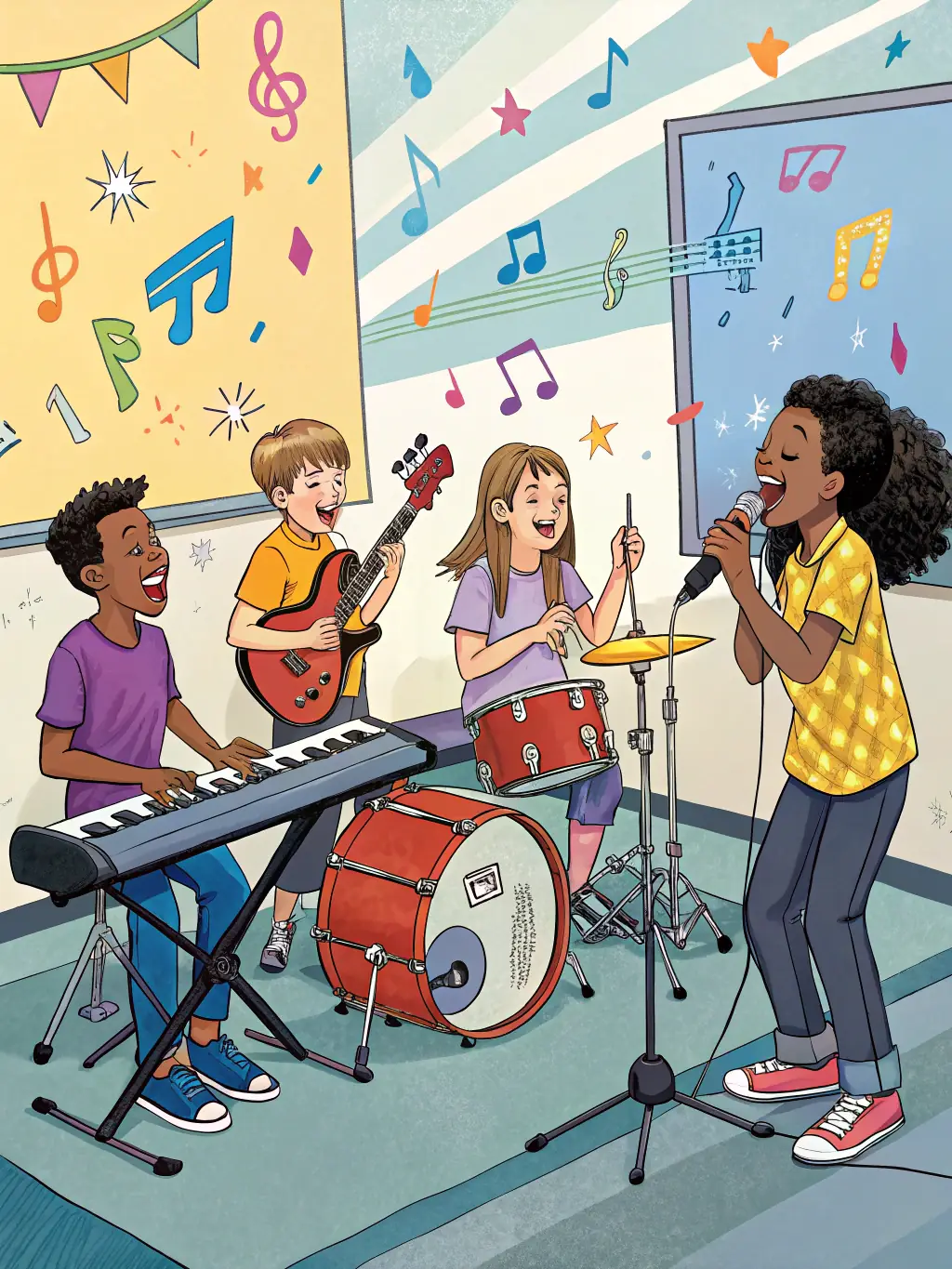A group of young children participating in a fun and interactive music class at Mozart School of Music, playing various instruments.